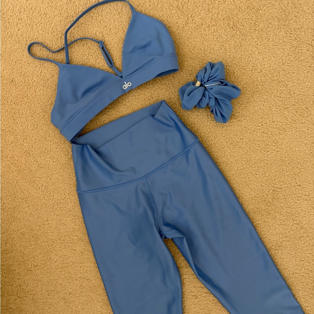 ALO Yoga Light Blue Bralette, Leggings & Scrunchie Set